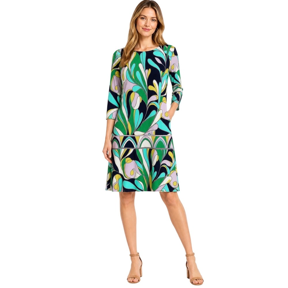Donna Morgan Shift Dress Womens 10‎ Green Blue Yellow Floral Abstract Retro